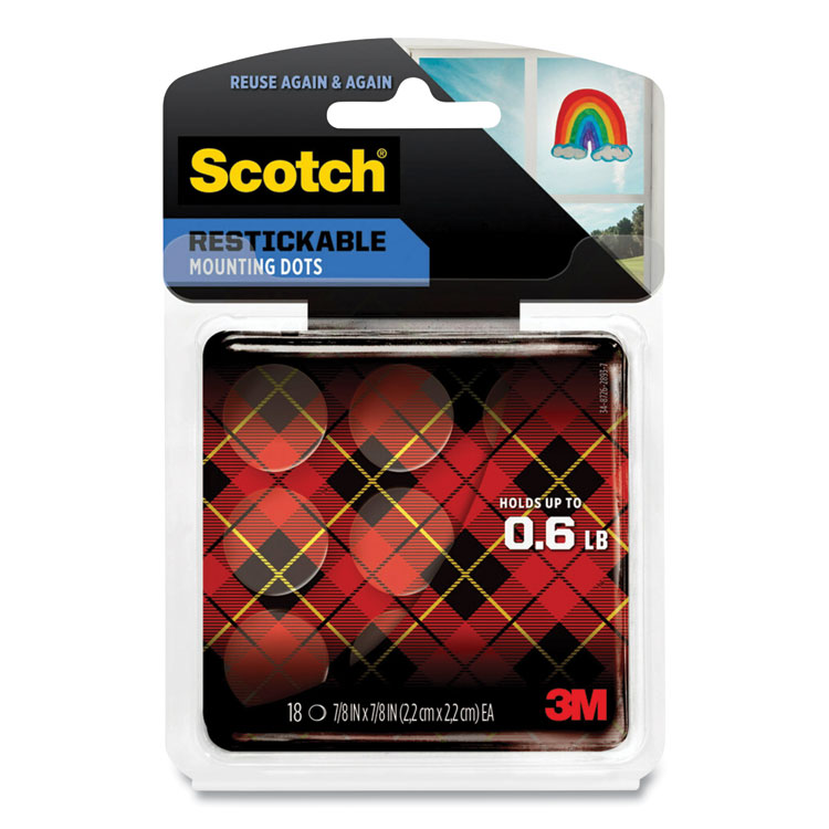 Scotch Restickable Mounting Tabs, Repositionable, Holds Up to 0.6 lb, 0.88 x 0.88, Clear, 18/Pack (MMMR105)