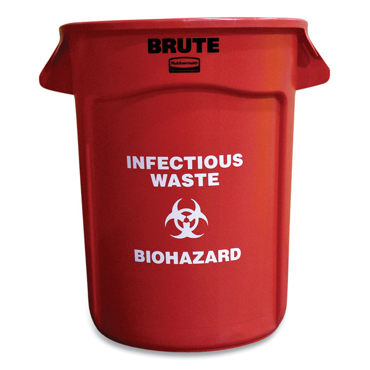 Rubbermaid Commercial Vented Round Brute Container, "Infectious Waste: Biohazard" Imprint, 32 gal, Plastic, Red (RCP263294RED)