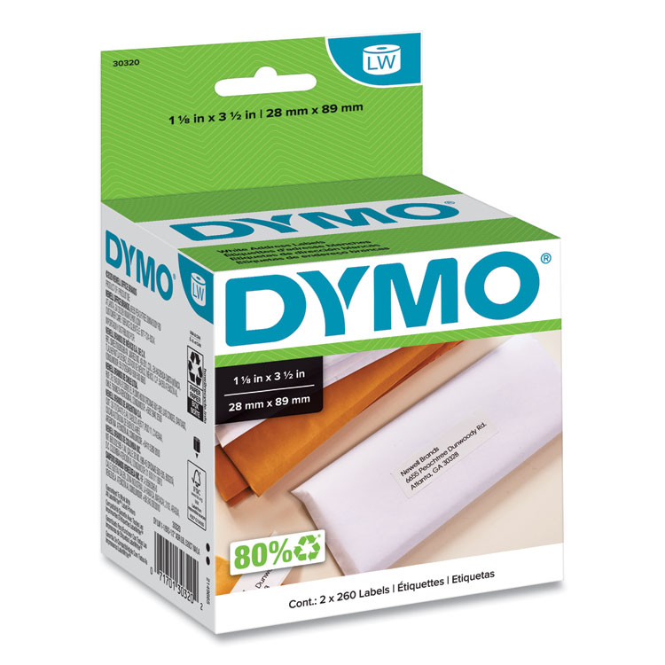 DYMO LabelWriter Address Labels, 1.12" x 3.5", White, 260 Labels/Roll, 2 Rolls/Pack (DYM30320)