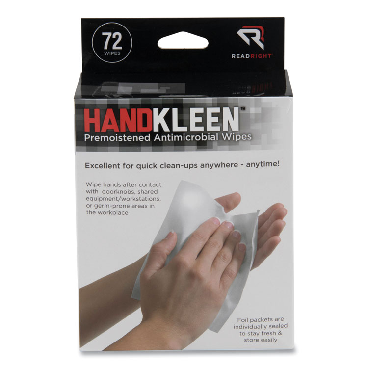 Read Right HandKleen Premoistened Antibacterial Wipes, 7 x 5, Foil Packet, Unscented, White, 72/Box (REARR15112)