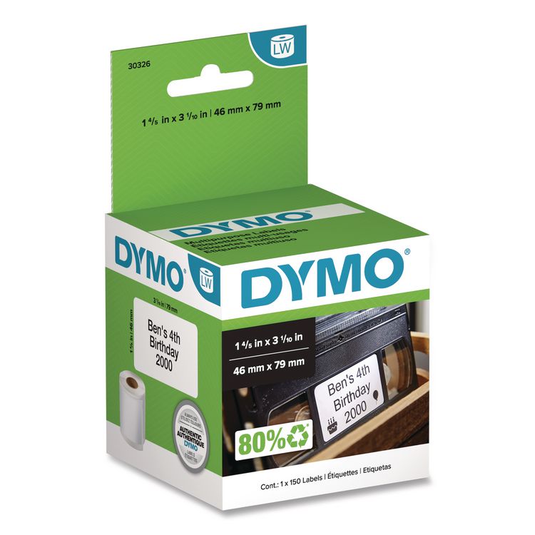 DYMO LabelWriter VHS Top Labels, 1.8" x 3.1", White, 150 Labels/Roll (DYM30326)