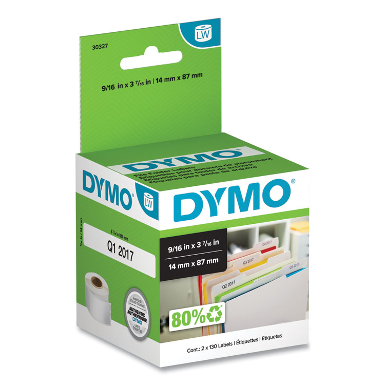 DYMO LabelWriter 1-UP File Folder Labels, 0.56" x 3.43", White, 130 Labels Roll, 2 Rolls/Pack (DYM30327)