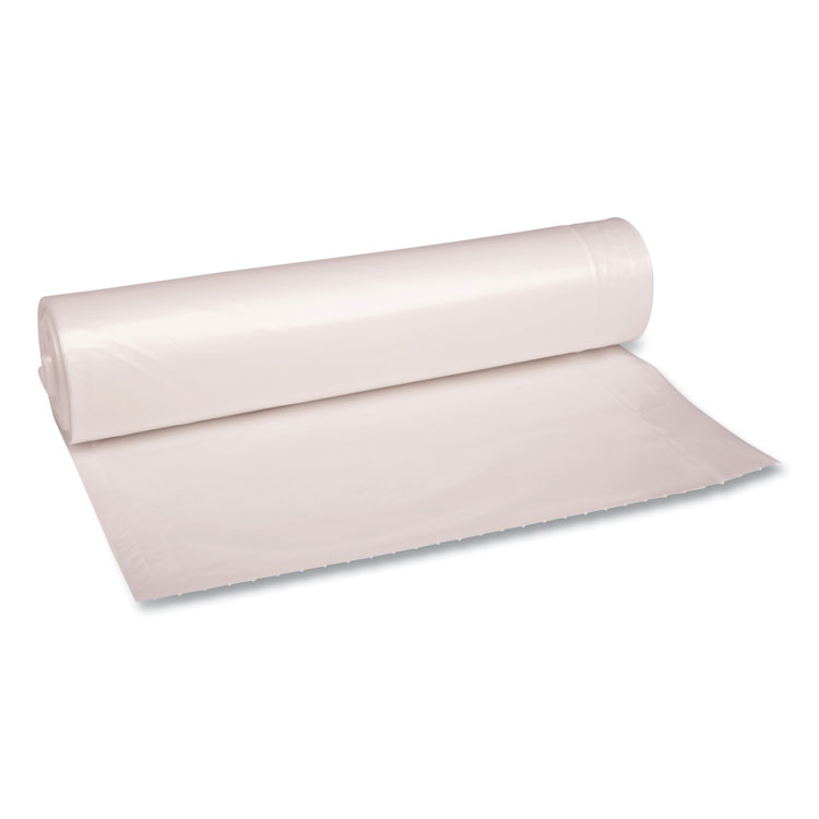 Boardwalk Recycled Low-Density Polyethylene Can Liners, 56 gal, 1.4 mil, 43" x 47", Clear, Perforated, 10 Bags/Roll, 10 Rolls/Carton (BWK536)