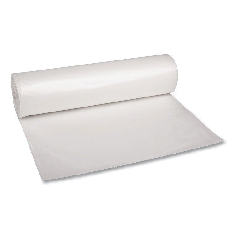 Boardwalk Recycled Low-Density Polyethylene Can Liners, 60 gal, 1.1 mil, 38" x 58", Clear, Perforated, 10 Bags/Roll, 10 Rolls/Carton (BWK533)