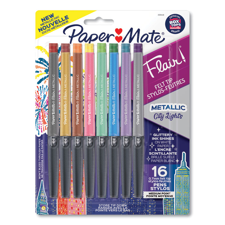 Paper Mate Flair Metallic Porous Point Pen, Stick, Medium 0.7 mm, Assorted Ink and Barrel Colors, 16/Pack (PAP2129448)