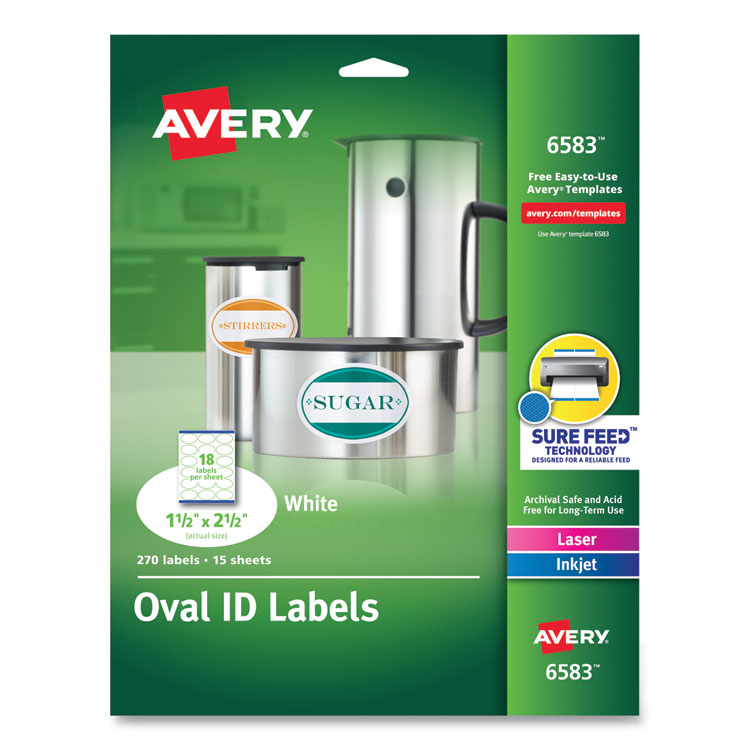 Avery Oval Print-to-the-Edge Labels, 1.5 x 2.5, White, 18/Sheet, 15 Sheets/Pack (AVE6583)