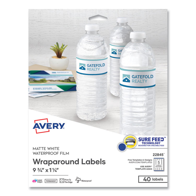 Avery Water-Resistant Wraparound Labels w/ Sure Feed, 9.75 x 1.25, White, 40/Pack (AVE22845)