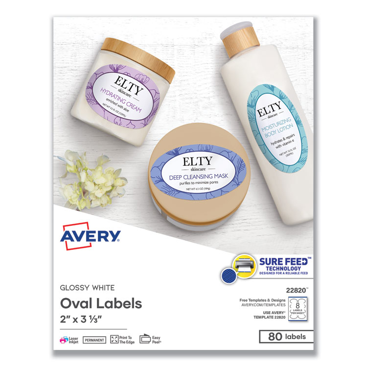 Avery Oval Labels w/ Sure Feed and Easy Peel, 2 x 3.33, Glossy White, 80/Pack (AVE22820)