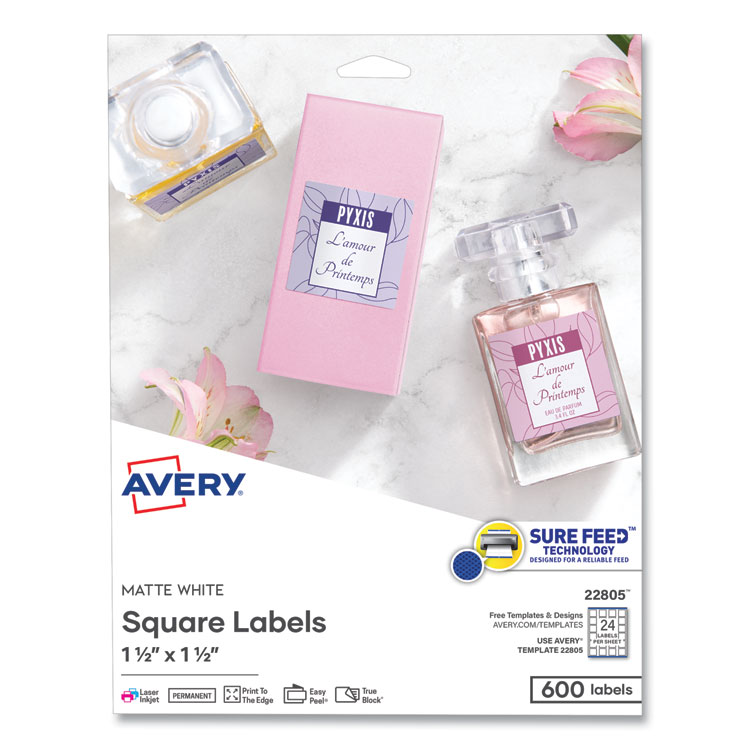 Avery Square Labels with Sure Feed and TrueBlock, 1.5 x 1.5, White, 600/Pack (AVE22805)