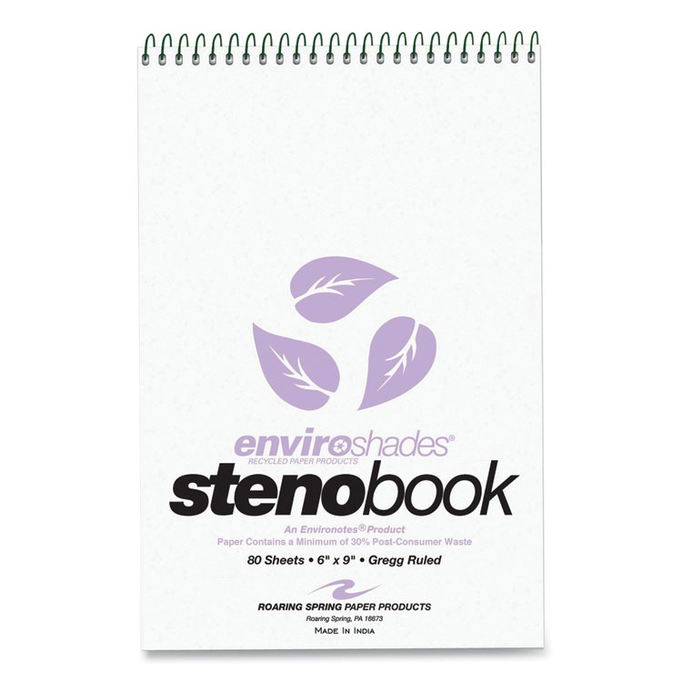 Roaring Spring Enviroshades Steno Notepad, Gregg Rule, White Cover, 80 Orchid 6 x 9 Sheets, 4/Pack (ROA12264)