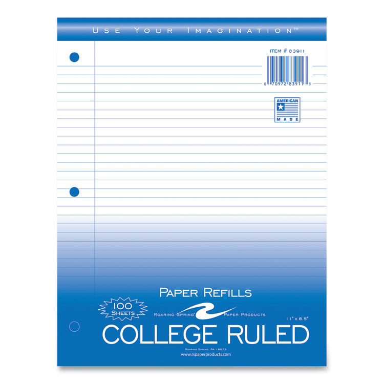 Roaring Spring Notebook Filler Paper, 3-Hole, 8.5 x 11, College Rule, 100/Pack (ROA83911)