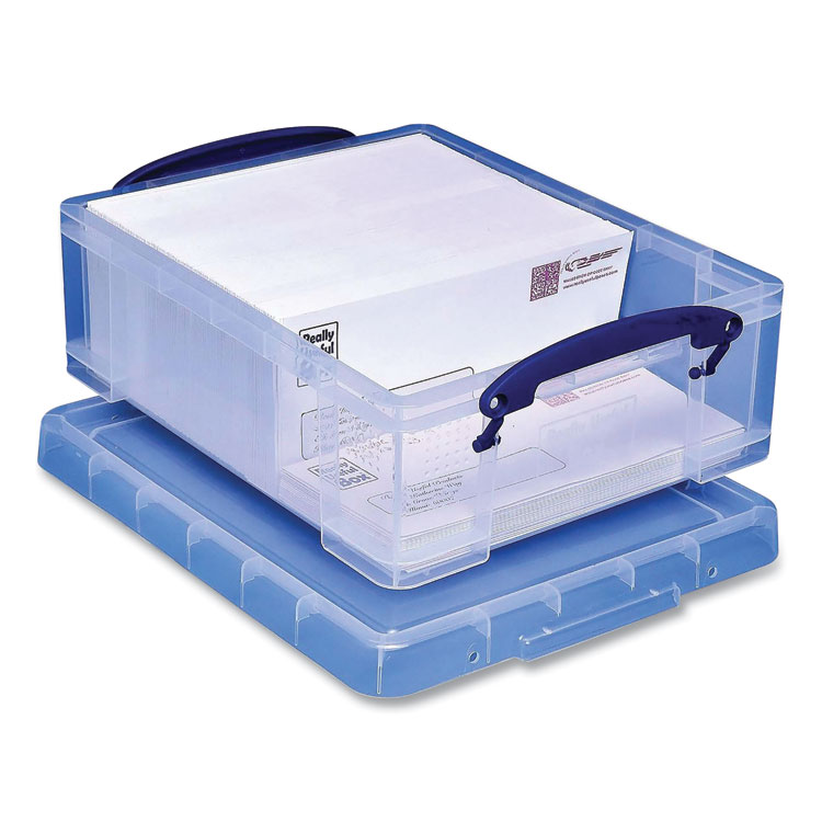 Really Useful Box Snap-Lid Storage Bin, 2.14 gal, 11" x 14" x 5", Clear/Blue (RUA81C)