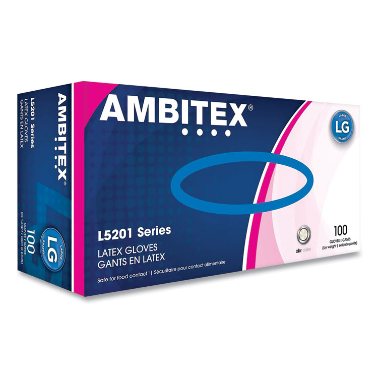 AMBITEX L5201 Series Powder-Free Latex Gloves, Large, 4 mil Thick, 9" Long, Cream, 100/Box (TXILLG5201)