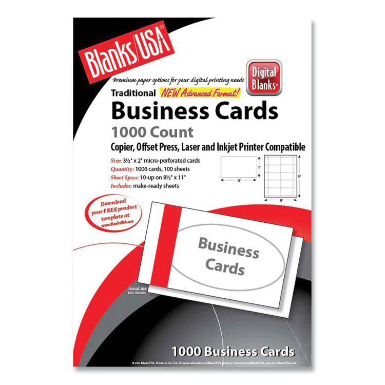 Blanks/USA Printable Microperforated Business Cards, Copier/Inkjet/Laser/Offset, 2 x 3.5, White, 10/Sheet, 100 Sheets/Pack (BLABCT10B6WH)