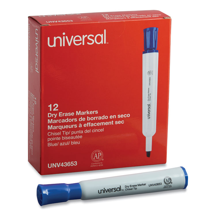 Universal Dry Erase Marker, Broad Chisel Tip, Blue, Dozen (UNV43653)