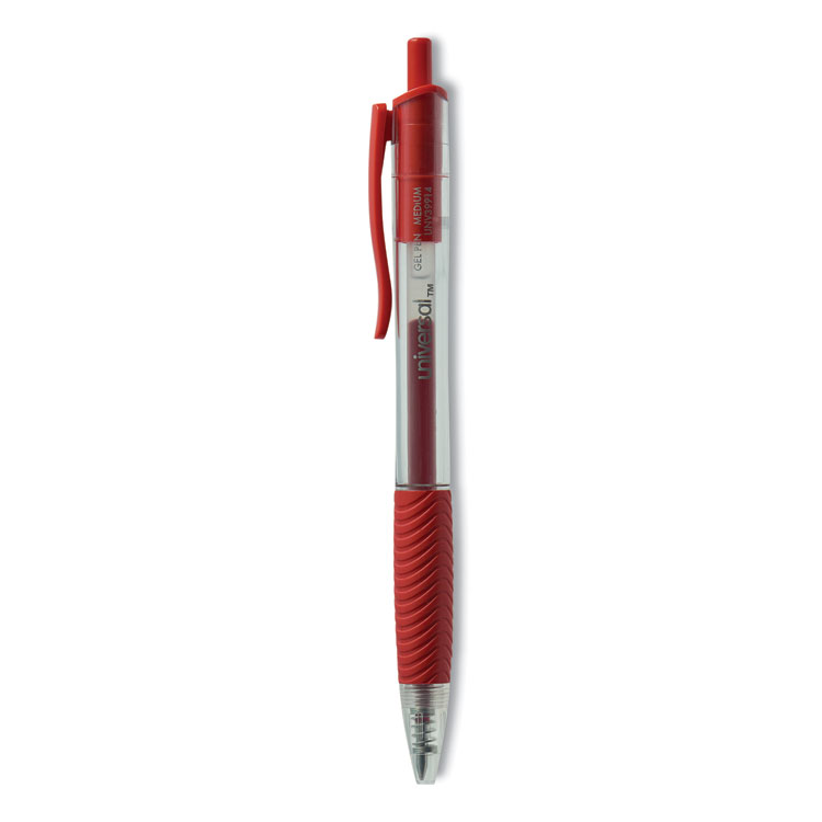 Universal Comfort Grip Gel Pen, Retractable, Medium 0.7 mm, Red Ink, Clear/Red Barrel, Dozen (UNV39914)