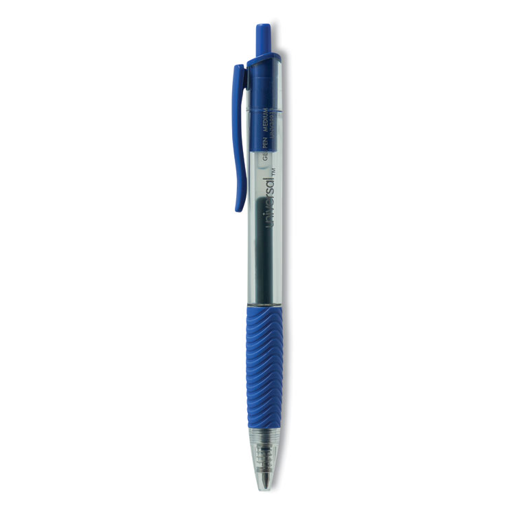 Universal Comfort Grip Gel Pen, Retractable, Medium 0.7 mm, Blue Ink, Clear/Blue Barrel, Dozen (UNV39913)