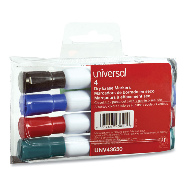 Universal Dry Erase Marker, Broad Chisel Tip, Assorted Colors, 4/Set (UNV43650)