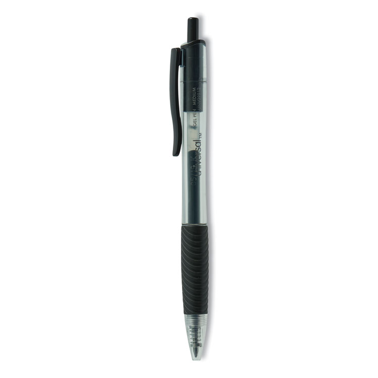 Universal Comfort Grip Gel Pen, Retractable, Medium 0.7 mm, Black Ink, Clear/Black Barrel, Dozen (UNV39912)