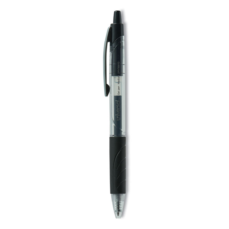 Universal Comfort Grip Gel Pen, Retractable, Medium 0.7 mm, Black Ink, Clear/Black Barrel, 36/Pack (UNV39910)
