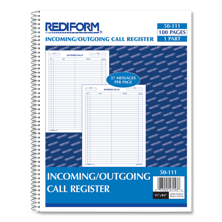 Rediform Wirebound Call Register, One-Part (No Copies), 11 x 8.5, 100 Forms Total (RED50111)