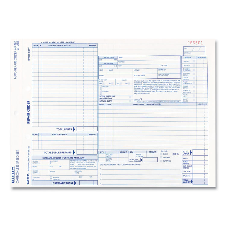 RED4P489 - Rediform Speediset Four-Part Auto Repair Form, Four-Part Carbonless, 11 x 8.5, 50 Forms Total (RED4P489)
