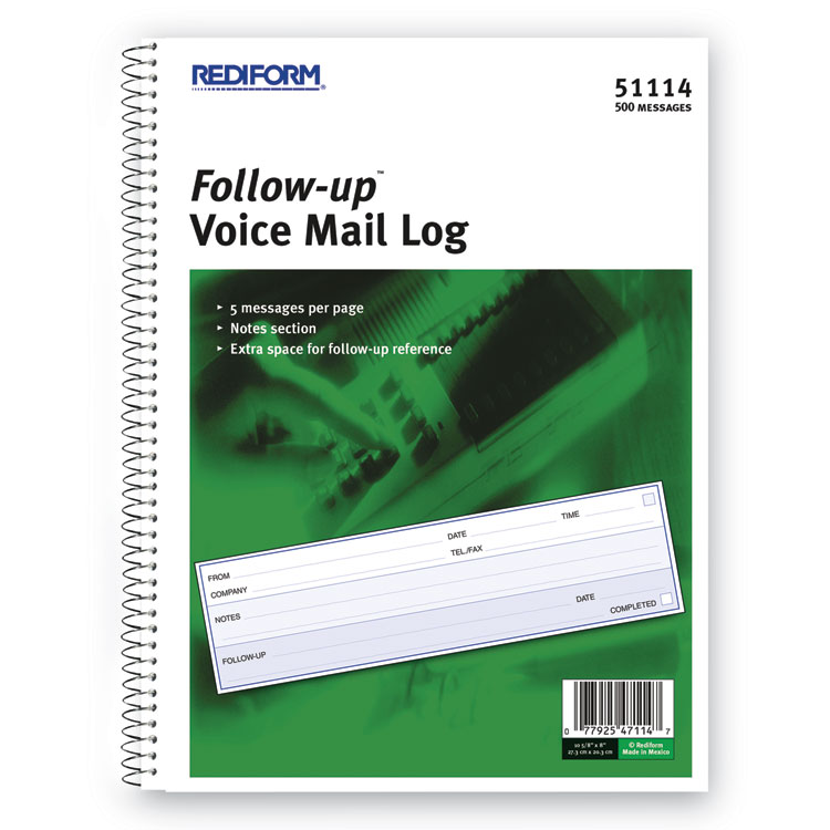 Rediform Follow-up Wirebound Voice Mail Log Book, One-Part (No Copies), 7.5 x 2, 5 Forms/Sheet, 500 Forms Total (RED51114)