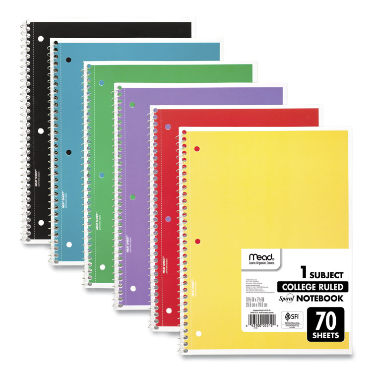 Mead Spiral Notebook, 1-Subject, Medium/College Rule, Assorted Cover Colors, (70) 10.5 x 8 Sheets, 6/Pack (MEA73065)