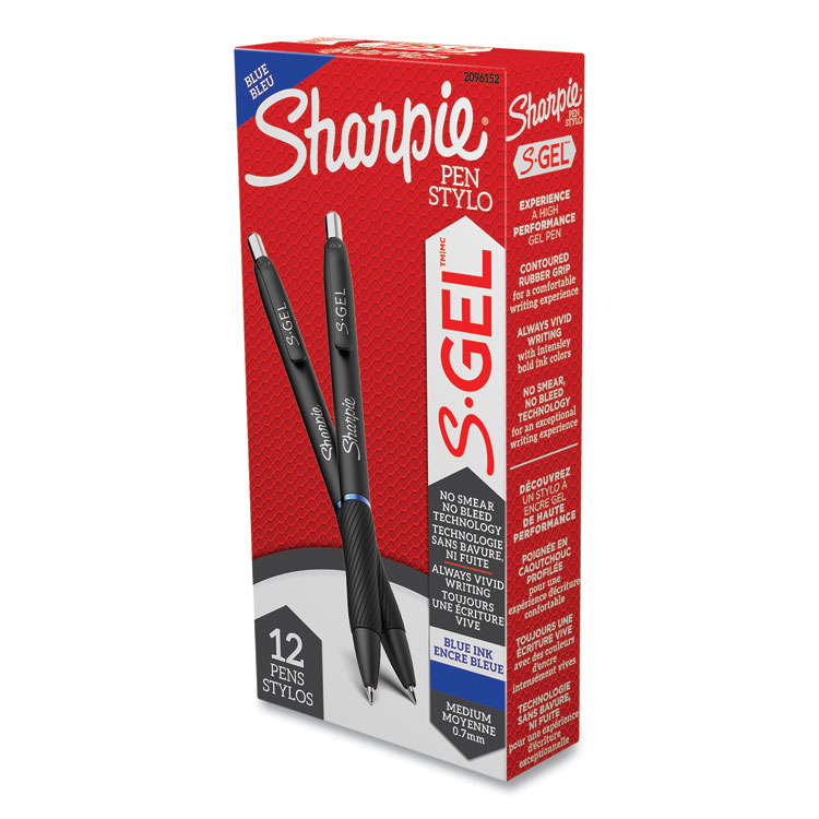 Sharpie S-Gel S-Gel High-Performance Gel Pen, Retractable, Medium 0.7 mm, Blue Ink, Black Barrel, Dozen (SAN2096152)