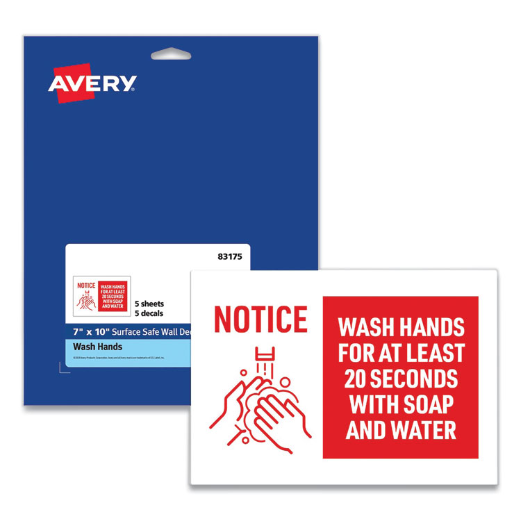 Avery Preprinted Surface Safe Wall Decals, 10 x 7, Wash Hands for at Least 20 Seconds, White/Red Face, Red Graphics, 5/Pack (AVE83175)