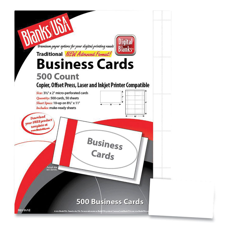 Blanks/USA Heavyweight Printable Microperforated Business Cards, Copier/Inkjet/Laser/Offset, 2 x 3.5, White, 10/Sheet, 250 Sheets/Pack (BLA25S8WH)