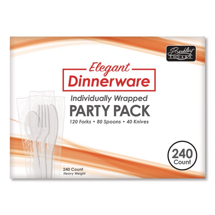 Berkley Square Elegant Dinnerware Heavyweight Cutlery Assortment, Heavyweight, (120) Forks/(80) Spoons/(40) Knives, Plastic, White, 240/Box (BSQ90191)