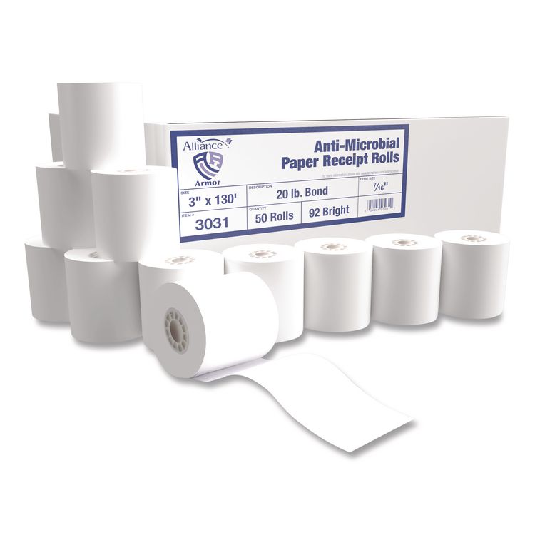 Alliance Armor Antimicrobial Receipt Roll Paper, 3" x 130 ft, White, 50/Carton (AIP3031)