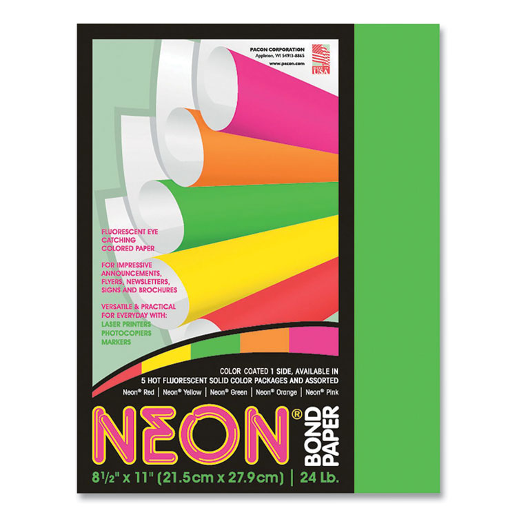 Pacon Neon Multi-Purpose Paper, 24 lb Bond Weight, 8.5 x 11, Green, 100/Pack (PAC104317)