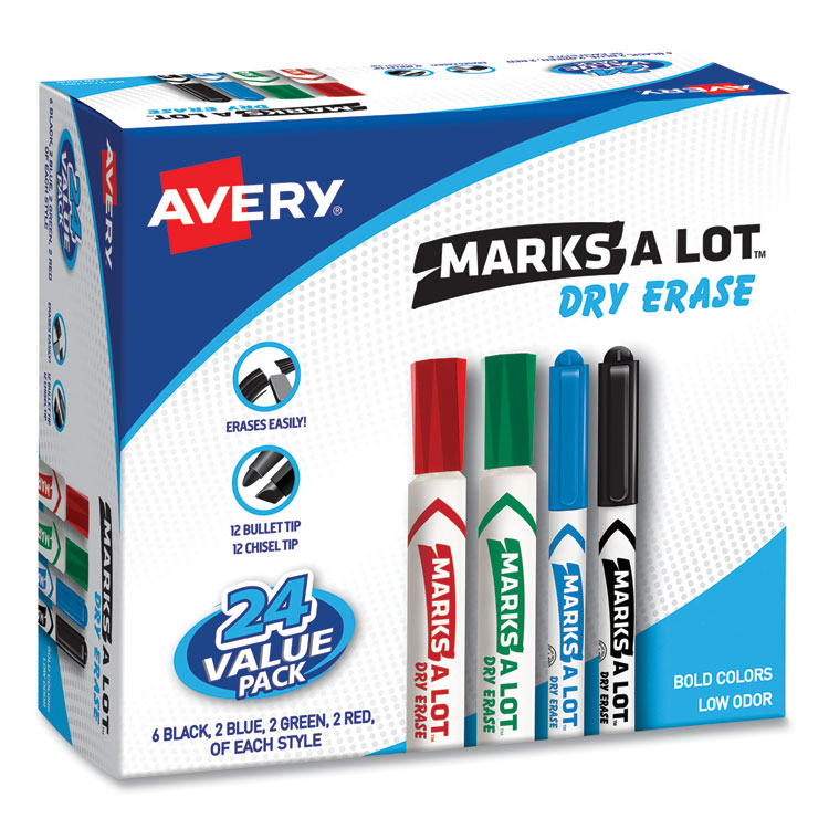 Avery MARKS A LOT Desk/Pen-Style Dry Erase Marker Value Pack, Assorted Broad Bullet/Chisel Tips, Assorted Colors, 24/Pack (29870) (AVE29870)