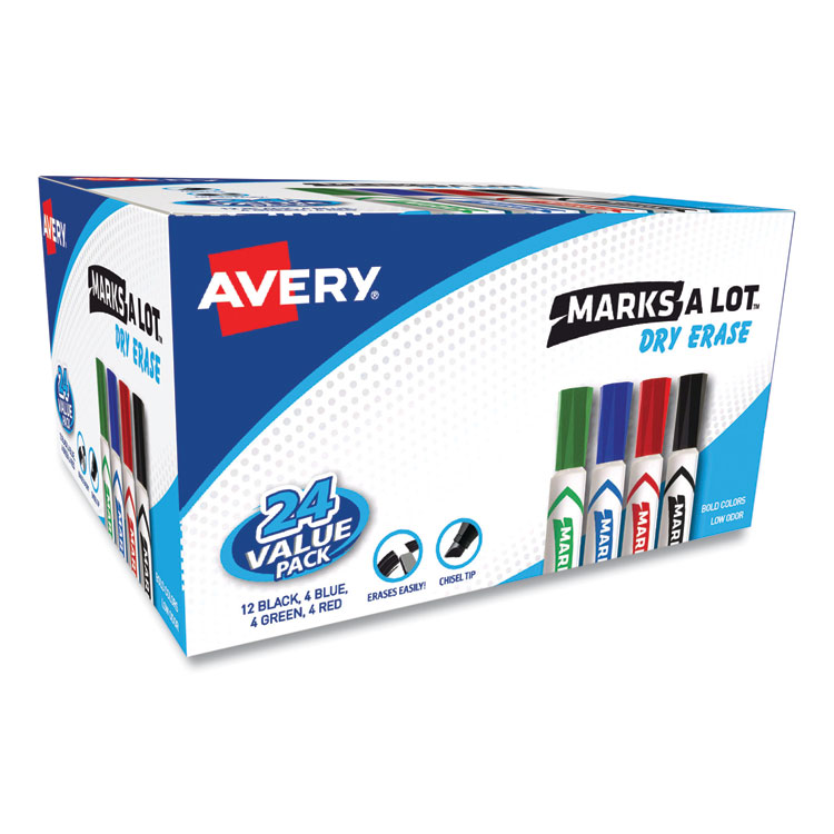 Avery MARKS A LOT Desk-Style Dry Erase Marker Value Pack, Broad Chisel Tip, Assorted Colors, 24/Pack (98188) (AVE98188)