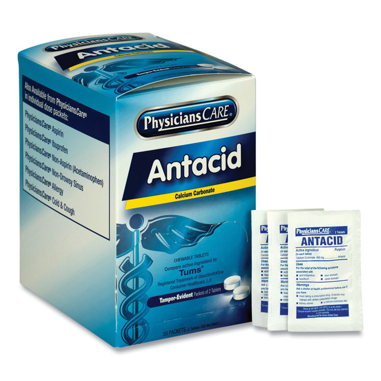 PhysiciansCare Antacid Calcium Carbonate Medication, Two-Pack, 50 Packs/Box (ACM90089)
