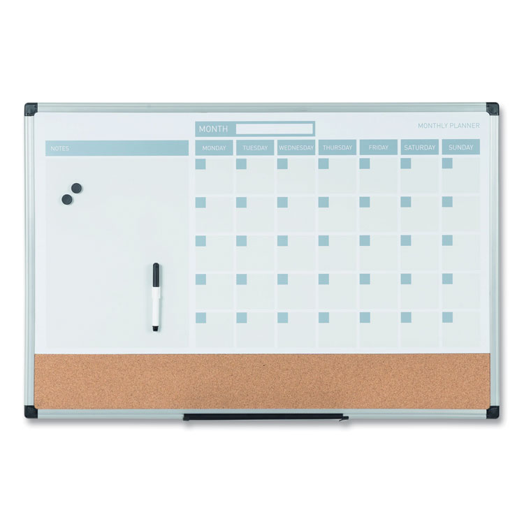 MasterVision 3-in-1 Planner Board, Monthly Planning/Scheduling Calendar, 24" x 18", Tan/White/Blue Surface, Satin Aluminum Frame (BVCMB3507186)