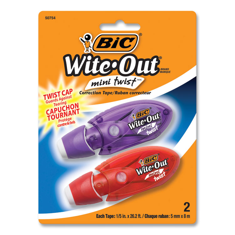 BIC Wite-Out Mini Twist Correction Tape, Non-Refillable, Blue/Fuchsia Applicators 0.2" x 314", 2/Pack (BICWOMTP21)