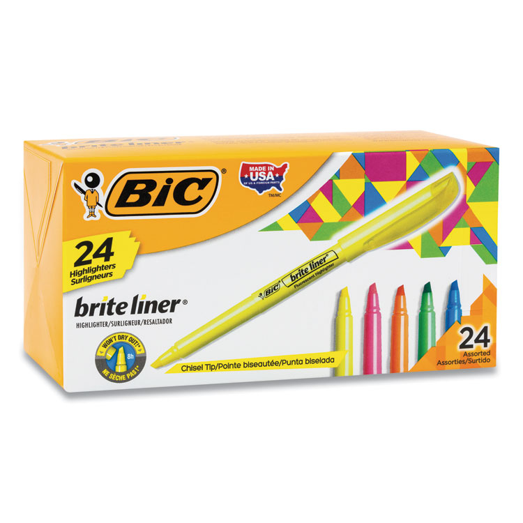 BIC Brite Liner Highlighter Value Pack, Assorted Ink Colors, Chisel Tip, Assorted Barrel Colors, 24/Set (BICBL241AST)