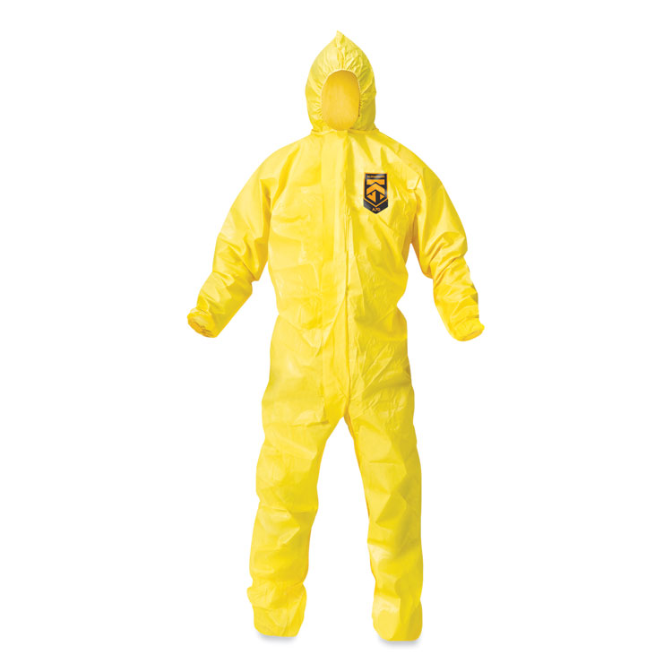 KleenGuard A70 Chemical Spray Protection Coveralls, Elastic Wrists, Ankles, Hood, Large, Yellow, 12/Carton (ANS09813)
