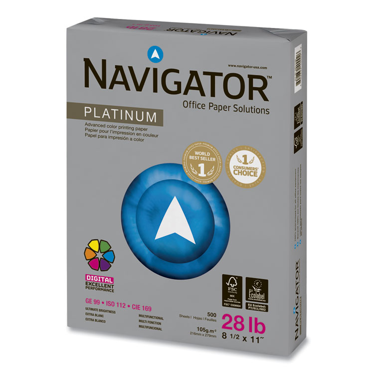 Navigator Platinum Paper, 99 Bright, 28 lb Bond Weight, 8.5 x 11, White, 500/Ream (SNANPL1128)