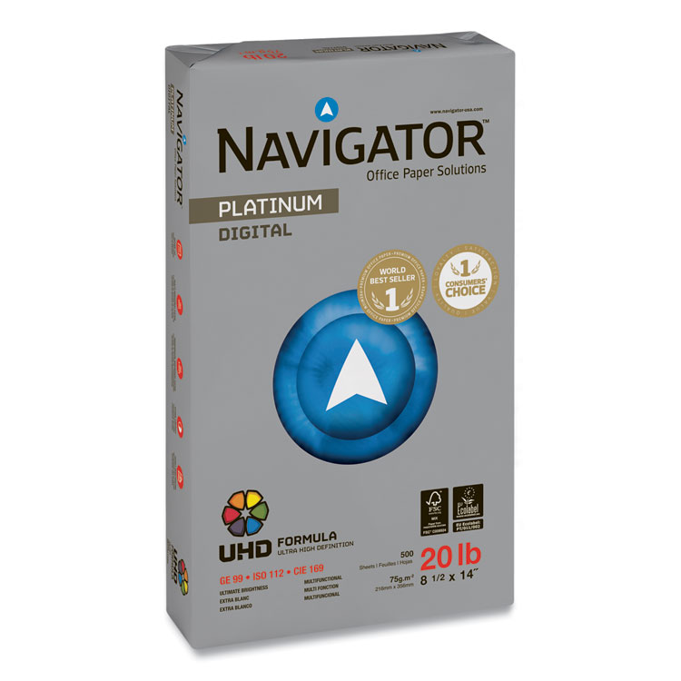 Navigator Platinum Paper, 99 Bright, 20 lb Bond Weight, 8.5 x 14, White, 500 Sheets/Ream, 10 Reams/Carton (SNANPL1420)
