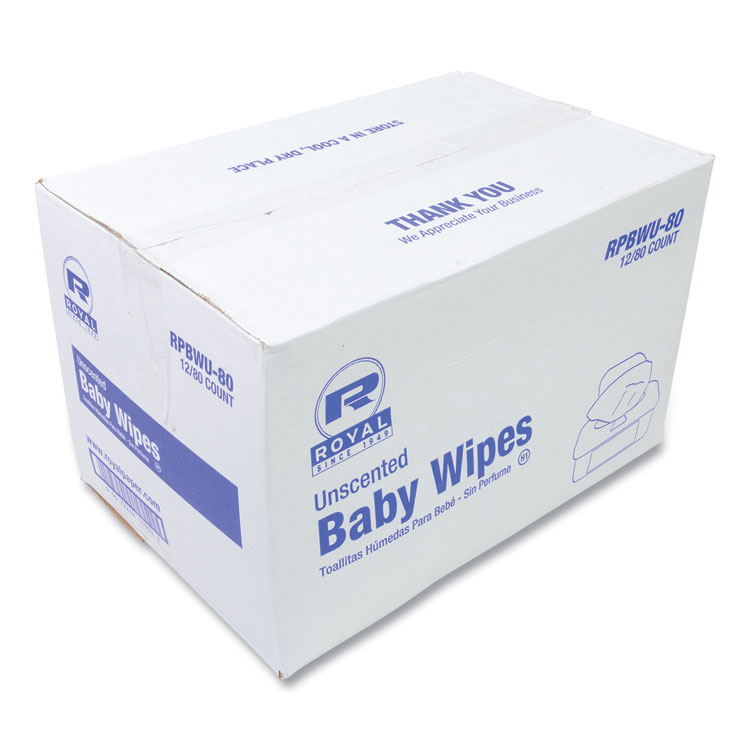 AmerCareRoyal Baby Wipes Tub, Unscented, White, 80/Tub, 12 Tubs/Carton (RPPRPBWU80)