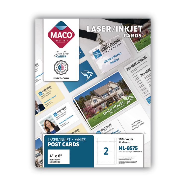 MACO Unruled Microperforated Laser/Inkjet Post Cards, 4 x 6, White, 100 Cards, 2 Cards/Sheet, 50 Sheets/Box (MACML8575)