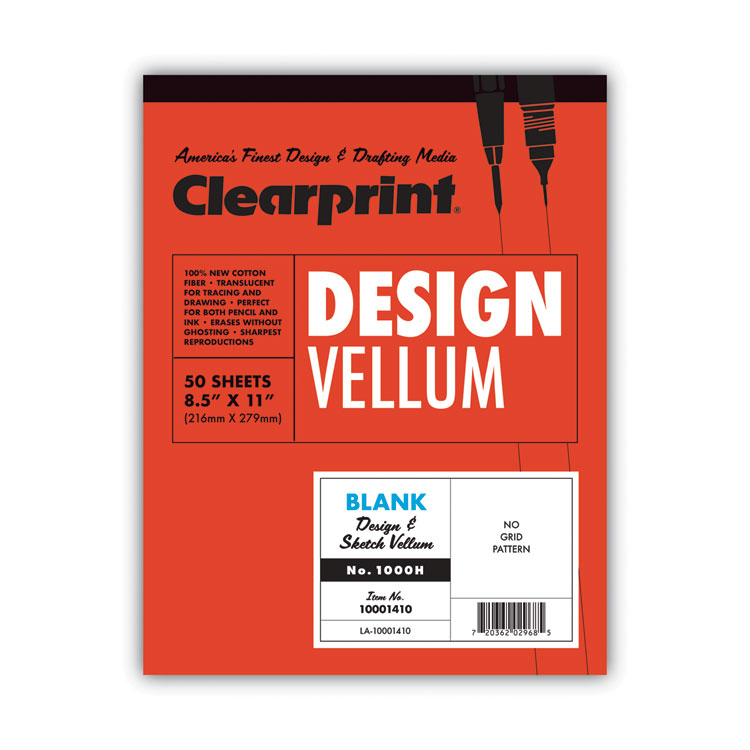 Clearprint Design Vellum Paper, 16 lb Bristol Weight, 8.5 x 11, Translucent White, 50/Pad (CLE10001410)