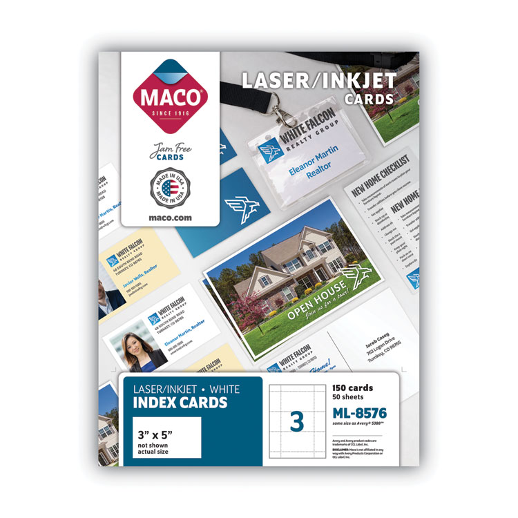 MACO Unruled Microperforated Laser/Inkjet Index Cards, 3 x 5, White, 150 Cards, 3 Cards/Sheet, 50 Sheets/Box (MACML8576)