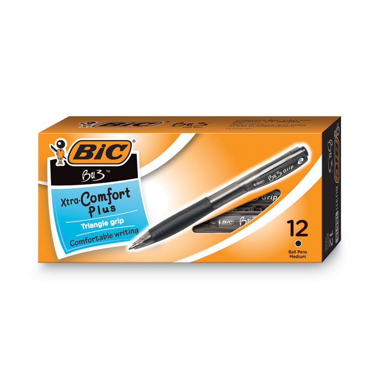 BIC BU3 Ballpoint Pen, Retractable, Bold 1 mm, Black Ink, Smoke/Black Barrel, Dozen (BICBU311BK)