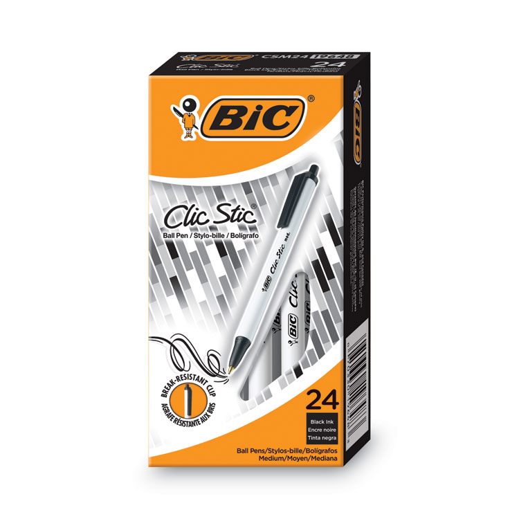 BIC Clic Stic Ballpoint Pen Value Pack, Retractable, Medium 1 mm, Black Ink, White Barrel, 24/Pack (BICCSM241BK)
