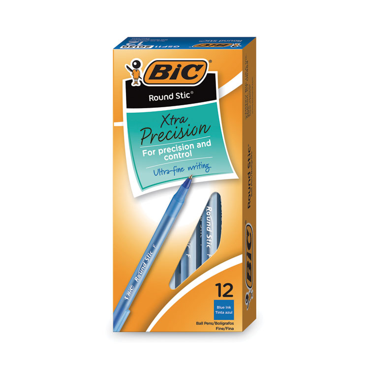 BIC Round Stic Xtra Precision Ballpoint Pen, Stick, Fine 0.8 mm, Blue Ink, Translucent Blue Barrel, Dozen (BICGSF11BE)
